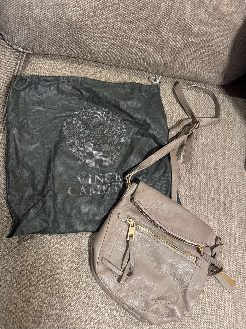 Vince Camuto Taupe Pebbled Leather Crossbody with Gold Hardware